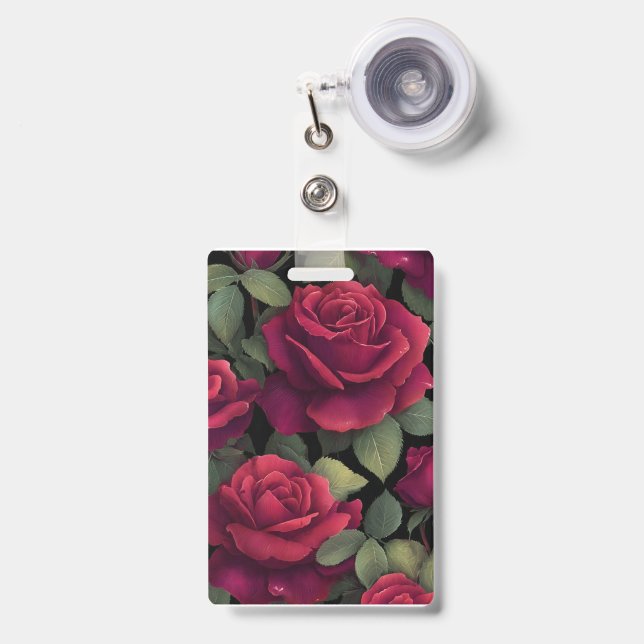 Red Rose Floral Badge. ID Badge (Front with Retractable)