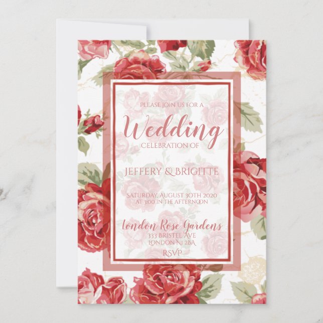 Red rose, floral classic print wedding invitation (Front)