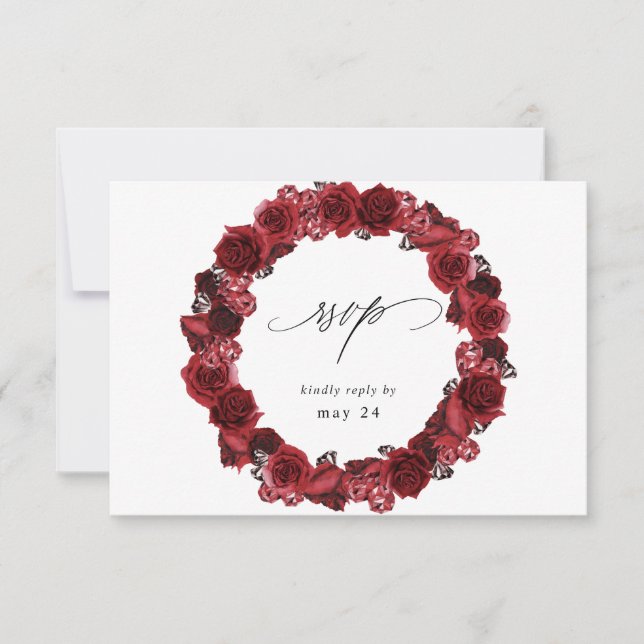 Red Rose Floral & Crystal w Meal RSVP Card (Front)