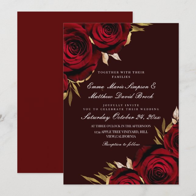 Red Rose Floral Elegant Rustic Wedding Invitation (Front/Back)