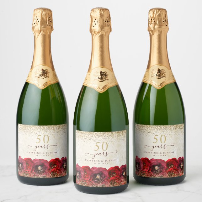 Red Rose Floral Gold 50th Wedding Anniversary Sparkling Wine Label (Bottles)