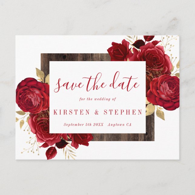 Red Rose Floral Gold Fall Save the Date Postcard (Front)