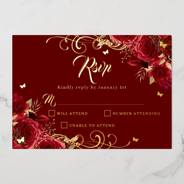 Red Rose Floral Gold Swirl Gold Quinceanera  (Front)
