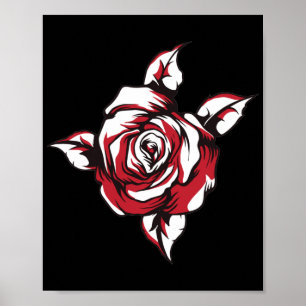 Red Rose Floral Illustration Black Background Poster