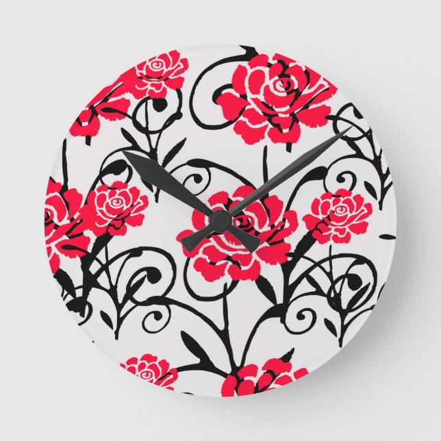 Red Rose Floral Illustration Pattern Design  Round Clock (Front)