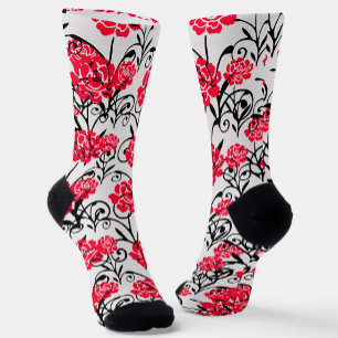 Red Rose Floral Illustration Pattern Design Socks