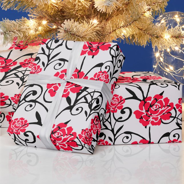 Red Rose Floral Illustration Pattern Design  Wrapping Paper (Creator Uploaded)