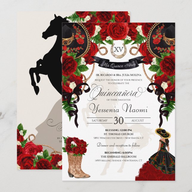 Red Rose Floral Mariachi Charro Quinceanera Invitation (Front/Back)