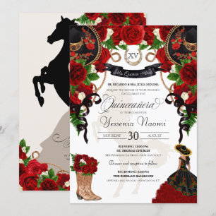 Red Rose Floral Mariachi Charro Quinceanera Invitation