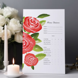 Red Rose Floral Meal Choice Cards