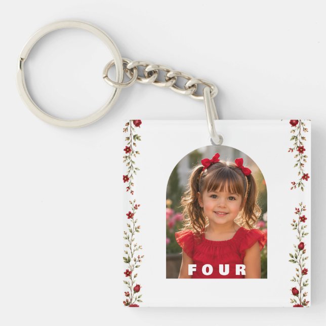 Red Rose Floral Photo Keychain (Front)
