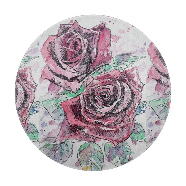 Red Rose Floral Womans Glass Chopping Board (Front)