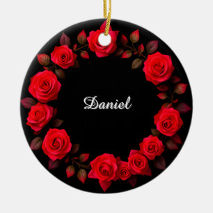 Red Rose Floral Wreath on Black Background Ceramic Tree Decoration