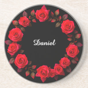 Red Rose Floral Wreath on Black Background Coaster