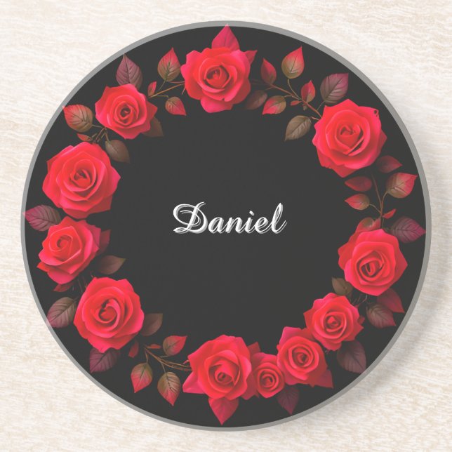 Red Rose Floral Wreath on Black Background Coaster (Front)