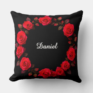 Red Rose Floral Wreath on Black Background Cushion