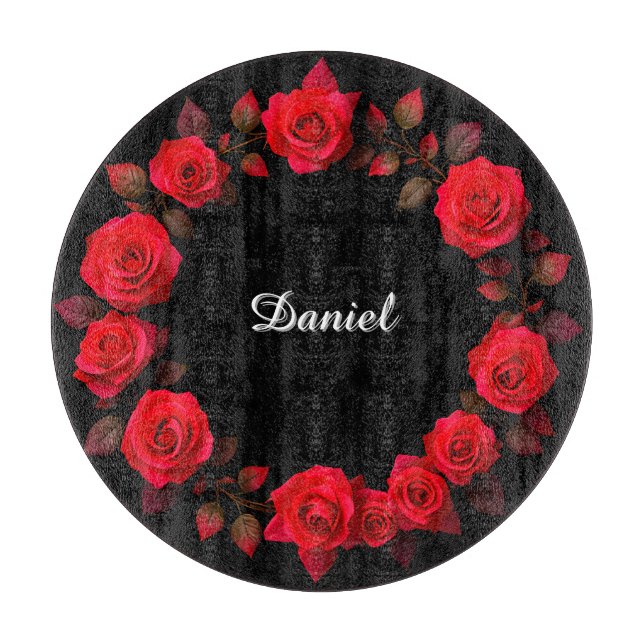 Red Rose Floral Wreath on Black Background Cutting Board (Front)