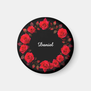 Red Rose Floral Wreath on Black Background Magnet