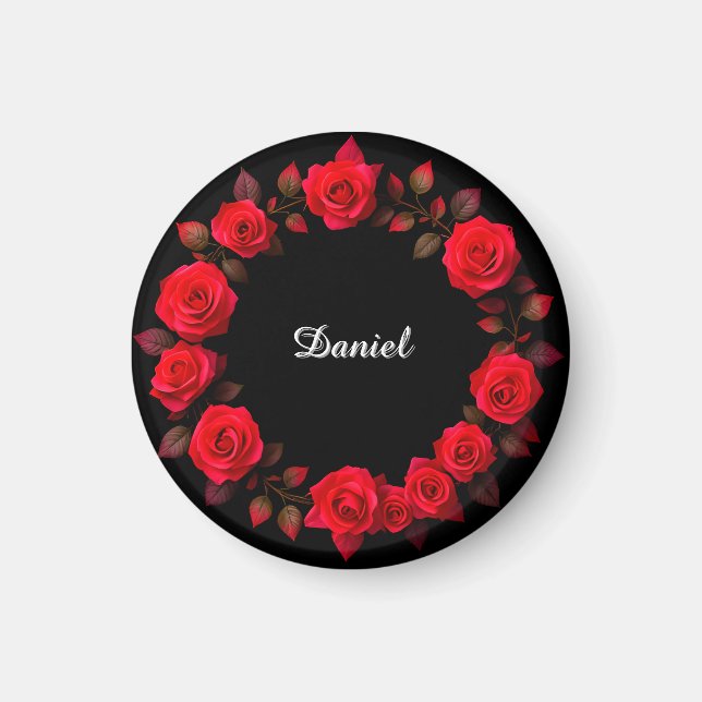 Red Rose Floral Wreath on Black Background Magnet (Front)