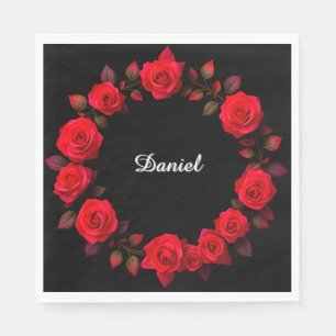 Red Rose Floral Wreath on Black Background Napkin