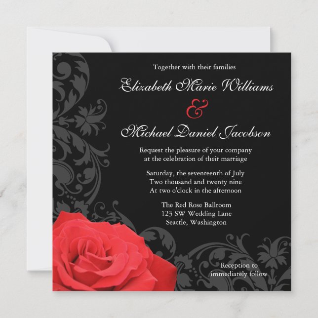 Red Rose Flourish Wedding Invitation (Front)