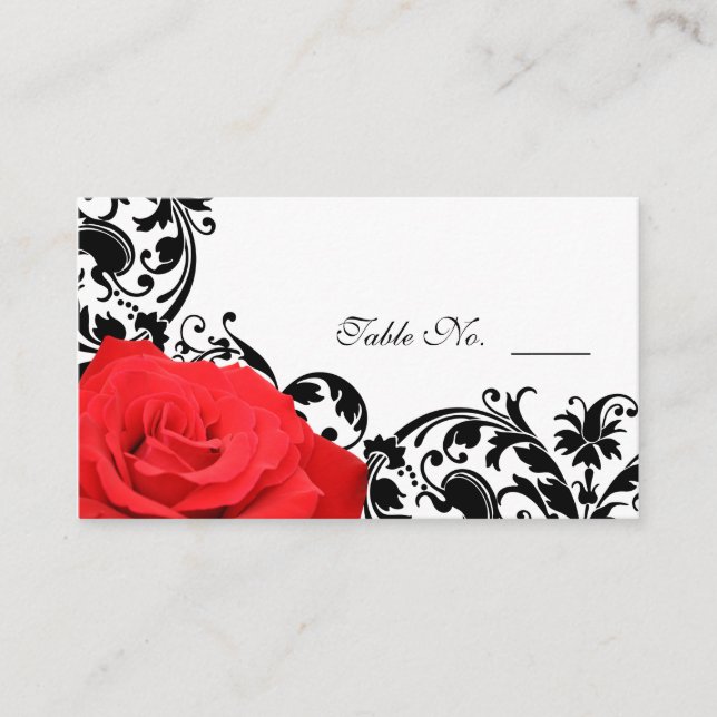Red Rose Flourish Wedding Place Card (Front)