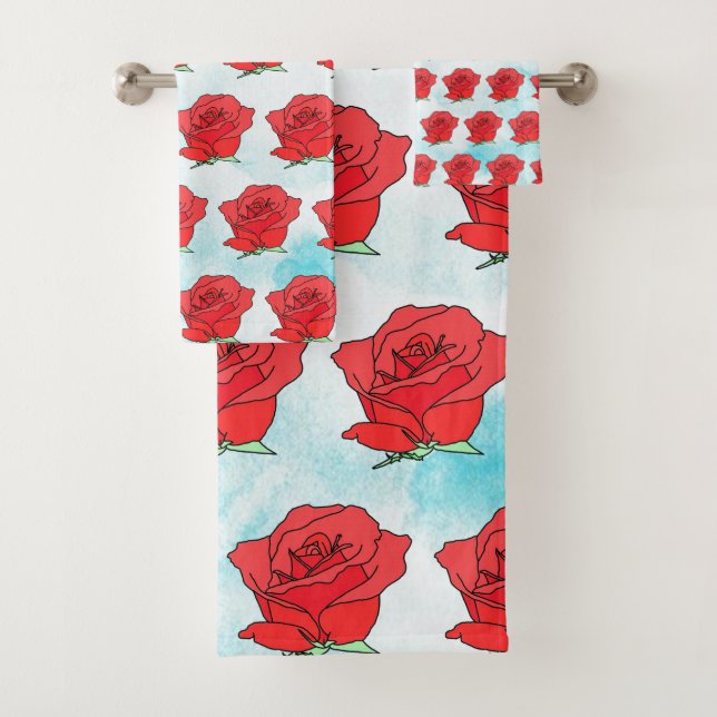 Red Rose Flower Art Bath Towel Set (Insitu)