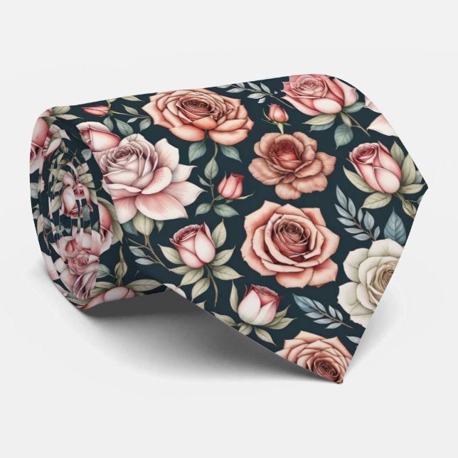 Red Rose Flower Floral Pattern Tie (Rolled)