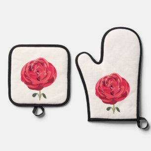 Red Rose Flower Floral Red Rose  Oven Mitt & Pot Holder Set