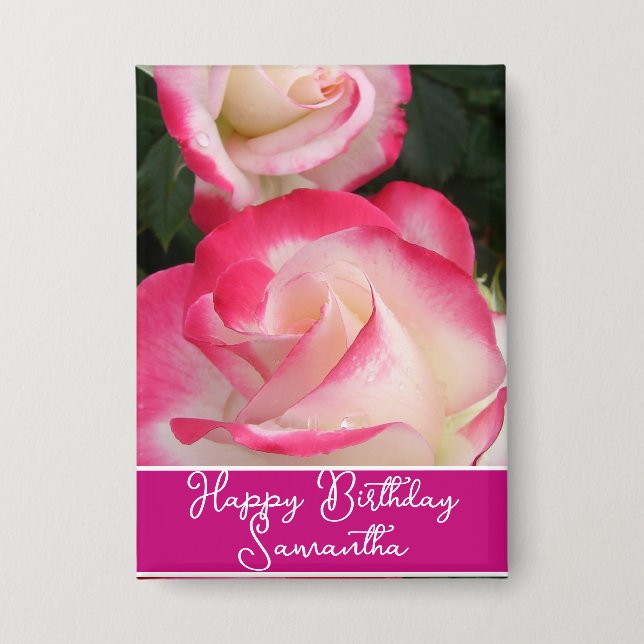 Red Rose Flower Floral Womans Name Birthday Badge (Front)