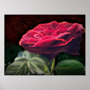Red Rose Flower Green Black Art Floral Flowers Poster