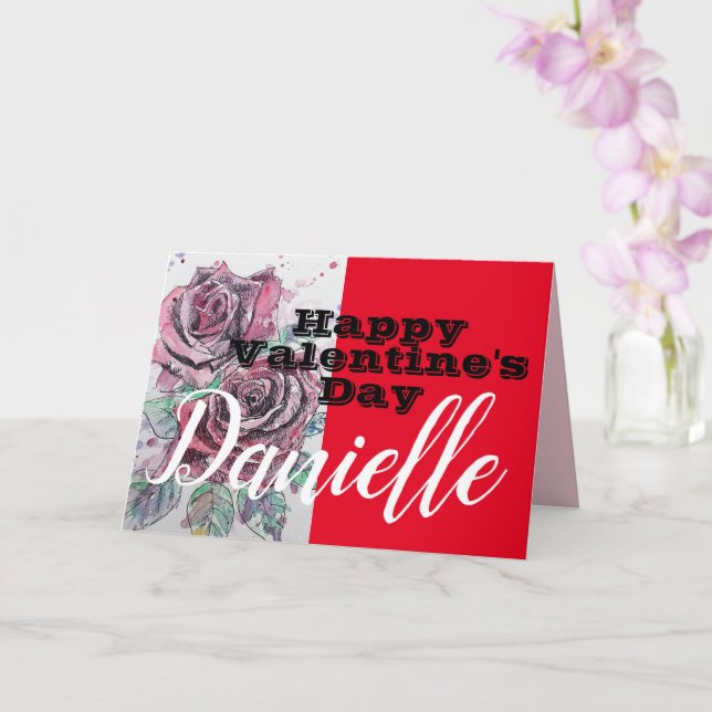 Red Rose Flower Happy Valentines Day Womans Name Card (Orchid)