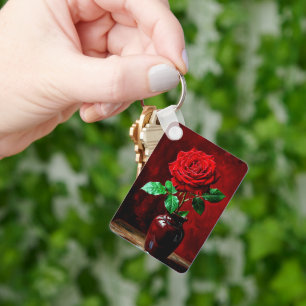 Red Rose Flower Painting Key Ring