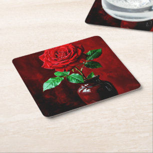 Red Rose Flower Painting Square Paper Coaster
