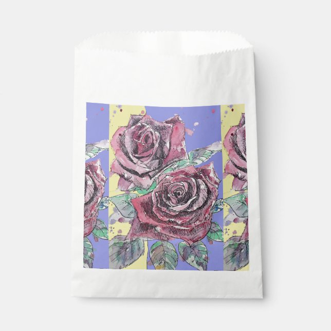 Red Rose Flower Pattern Purple Watercolor Art Favour Bags (Front)