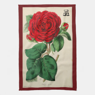 Red Rose Flower Vintage Art Monogrammed Tea Towel