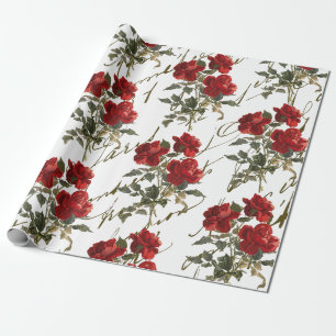Red Rose Flower Vintage French Script Valentine Wr Wrapping Paper