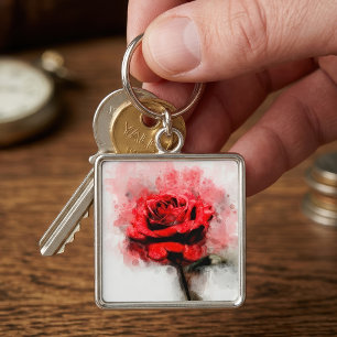 Red Rose flower watercolor - wb Key Ring