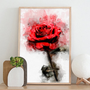 Red Rose flower watercolor - wb Photo Print