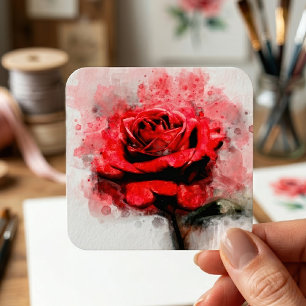 Red Rose flower watercolor - wb Square Sticker