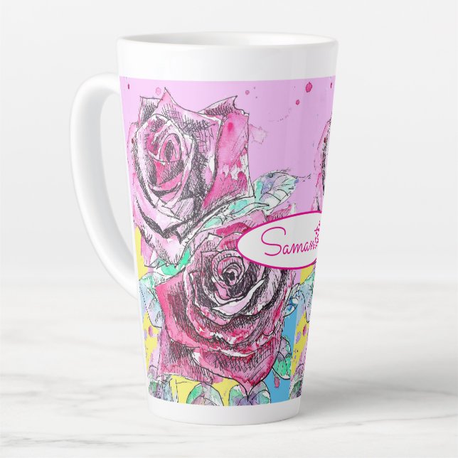 Red Rose Flower Watercolour Colorful Pink Art Latte Mug (Left Angle)