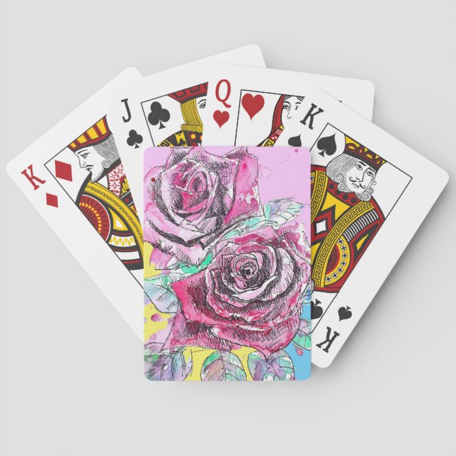 Red Rose Flower Watercolour Playing Cards Set Art (Back)
