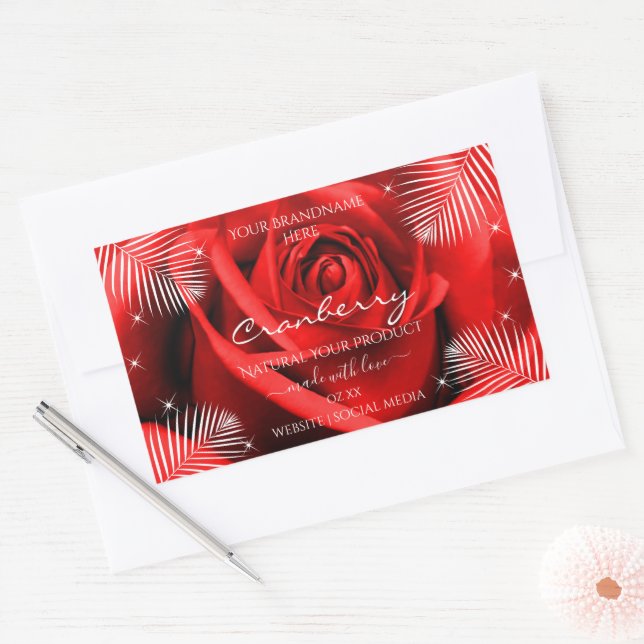 Red Rose Flower with Palm Leaves Product Labels (Envelope)