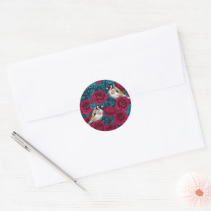 Red Rose flowers and goldfinch birds Classic Round Sticker
