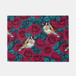 Red Rose flowers and goldfinch birds Doormat
