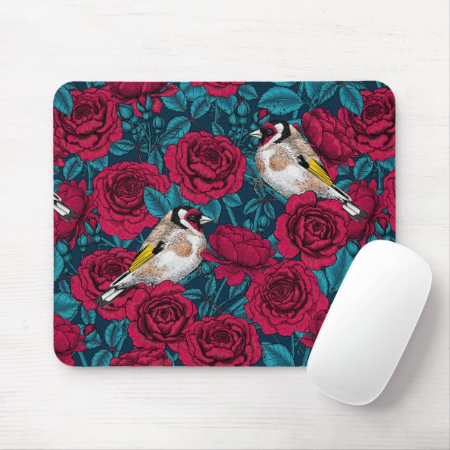 Red Rose flowers and goldfinch birds Mouse Pad (With Mouse)