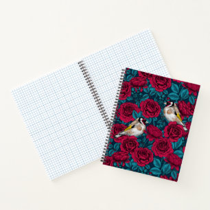 Red Rose flowers and goldfinch birds Notebook