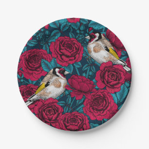 Red Rose flowers and goldfinch birds Paper Plate