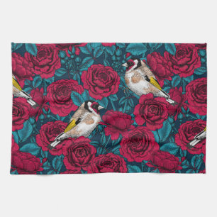 Red Rose flowers and goldfinch birds Tea Towel