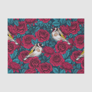 Red Rose flowers and goldfinch birds Tissue Paper